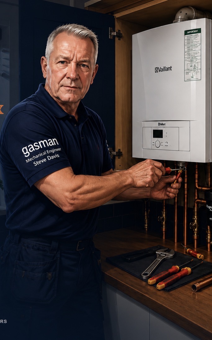 Steve Davis, mechanical heating engineer, servicing a Vaillant boiler