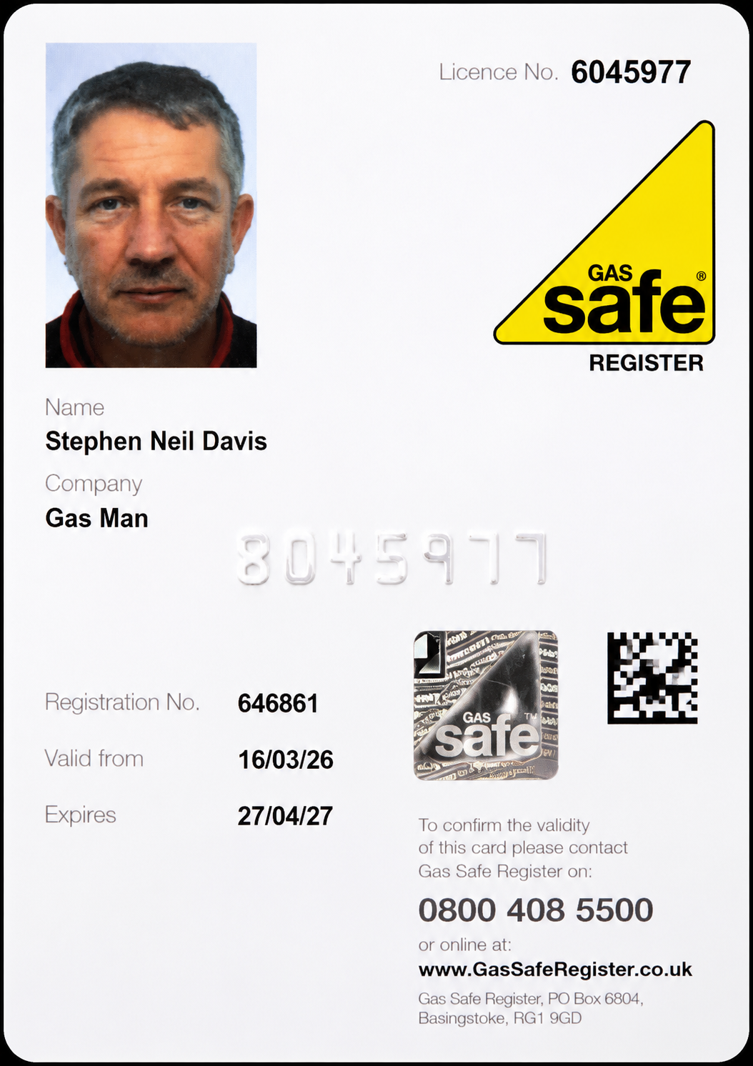 Gas Safe Register ID card for Stephen Neil Davis, licence number 6045977